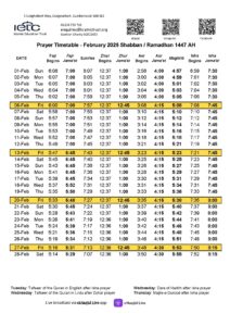 February 2026 prayer timetable.